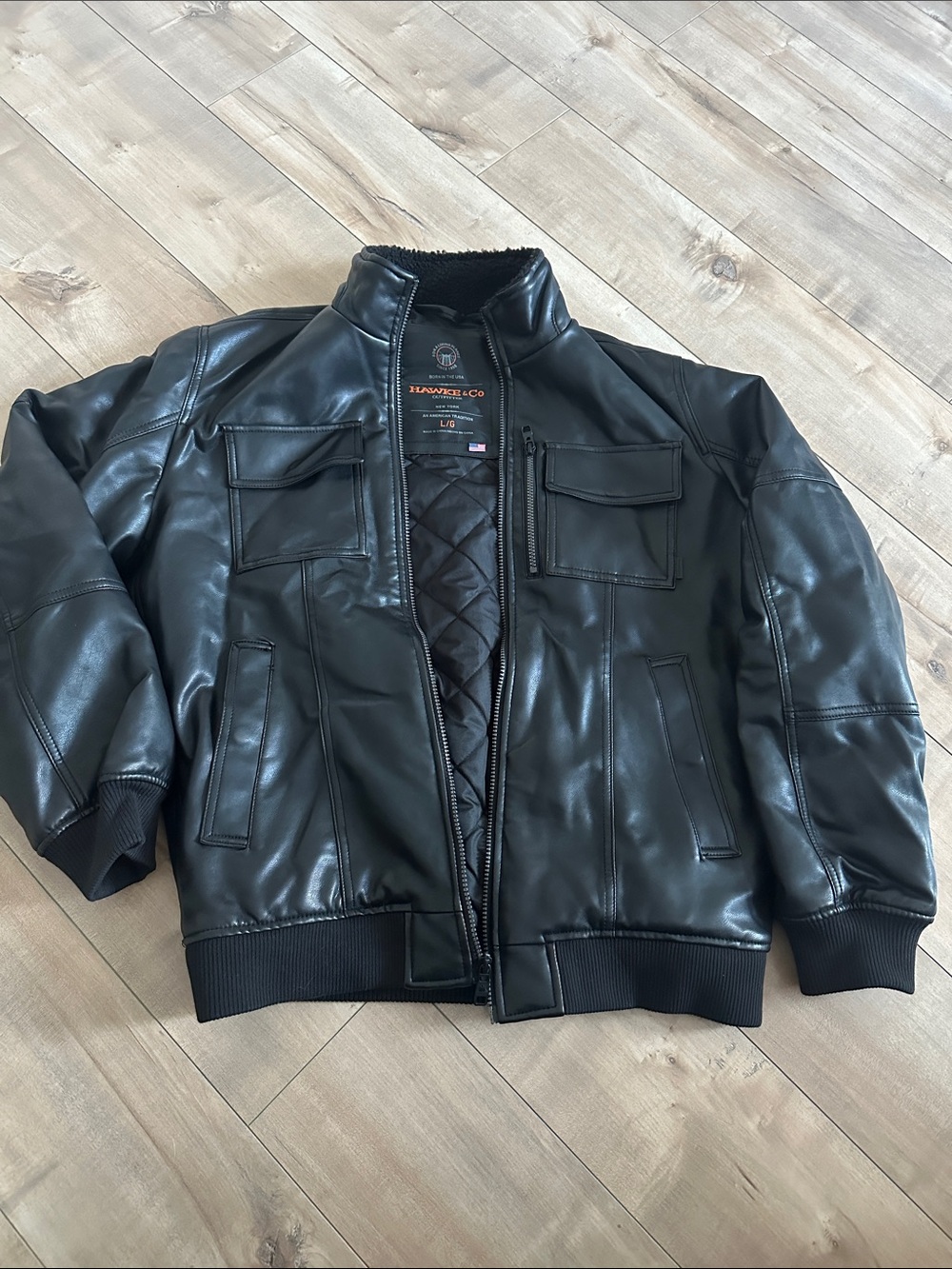 Hawke & Co Men’s Black Faux Leather Sherpa Lined Moto Jacket Sz L